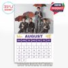 The Beatles August 2026 calendar page with a polished, studio-style visual featuring the band and vintage umbrellas!