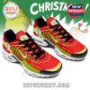 Colorful Christmas-themed TN sneakers featuring The Grinch design on the sides, red-green gradient body, and custom name area on the toe box.