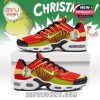 Holiday edition sneakers with red and green tones, Grinch artwork, and gold personalized name area.