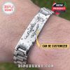 Personalized engraved silver bracelet worn on wrist featuring Sophia and David with romantic motifs.