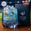 Blue Jays 48th Anniversary whiskey glass featuring stadium, logo, and Canadian maple leaf design.!