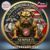 US Marine Corps commemorative coin featuring a muscular bulldog emblem patriotic flag background gold blue and red colors raised metal texture and bold anniversary design!