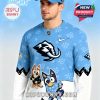 Side view of Anaheim Ducks Bluey Night jersey showing character artwork and soft patterned background!