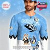 Front angled view of Anaheim Ducks Bluey Night hockey jersey worn by a male model!