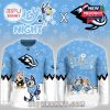 Multiple angle view of Anaheim Ducks Bluey themed hockey jersey highlighting design details!