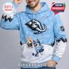 Light blue hoodie with cartoon dogs playing hockey, large black mammoth logo, NHL badge on sleeve, paw print and snowflake background!