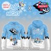 Light blue hoodie with front hockey characters and back Bluey text design, winter paw print background, mammoth hockey team logo!