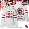 White fan hoodie for Utah Utes featuring team lettering on front and aggressive skull graphic with helmet and slogan on the back!