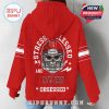 Back view of red Utes hoodie with large skull football helmet artwork and high-impact slogan design!