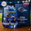 The whiskey glass is deep blue with detailed graphics including the UTSA Roadrunners mascot, football, Texas map, and city skyline, paired with a branded box that reads Birds Up.