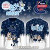 Flat design of Bluey Night Vancouver Canucks jersey with cartoon Bluey characters, NHL logo, and playful print on navy and white fabric!