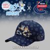 Bluey Night cap in dark blue with paw print design, Bluey and Bingo hockey scene embroidered on front, and Vancouver Canucks logo on the side!
