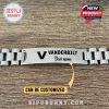 Personalized Vanderbilt silver bracelet with engraved logo and polished metal links.