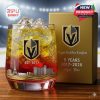 A Vegas Golden Knights whiskey glass with bold team branding, anniversary markings, and detailed city-themed etching at the base!