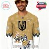 Front view of Vegas Golden Knights Bluey Night hockey jersey worn by a smiling male model!