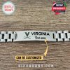 Virginia silver bracelet with engraved logo and name engraving section displayed on wood.