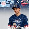 Front and back of a Bluey-themed long sleeve shirt with a coordinating cap, both featuring Bluey characters in hockey scenes and Washington Capitals branding with festive background details!