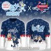Bluey Night special edition shirt with front and back views showcasing cartoon characters and hockey graphics on a dark blue star-and-paw-patterned background!