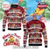 Front and back view of Winnie the Pooh-themed Christmas sweater featuring characters and holiday scenes in cartoon style.