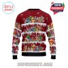 Back side of holiday sweater showing Disney’s Winnie the Pooh characters celebrating Christmas in cartoon panels.