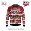 Front design of red Christmas sweater featuring Winnie the Pooh characters in layered holiday story scenes.