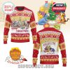 Front and back view of holiday-themed sweater with Winnie the Pooh characters, Christmas trees, and cozy cartoon scenes.