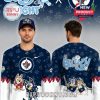 A full display of the Bluey-themed Winnipeg Jets jersey, showcasing the playful design with animated characters, NHL branding, and festive background elements!