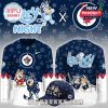 Full outfit set with jersey and hat from the Bluey and Winnipeg Jets collaboration, styled for fans of both hockey and family animation!