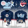 A lighter variation of the Bluey x Winnipeg Jets hockey jersey featuring animated characters and subtle yet playful print accents for a casual fan look!
