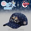 A navy cap decorated with Bluey hockey characters and Winnipeg Jets logo, perfect for coordinated fan outfits!