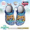 A colorful pair of Crocband clogs decorated with characters from Zootopia 2 and a customizable strap, standing on an animated Zootopia background!