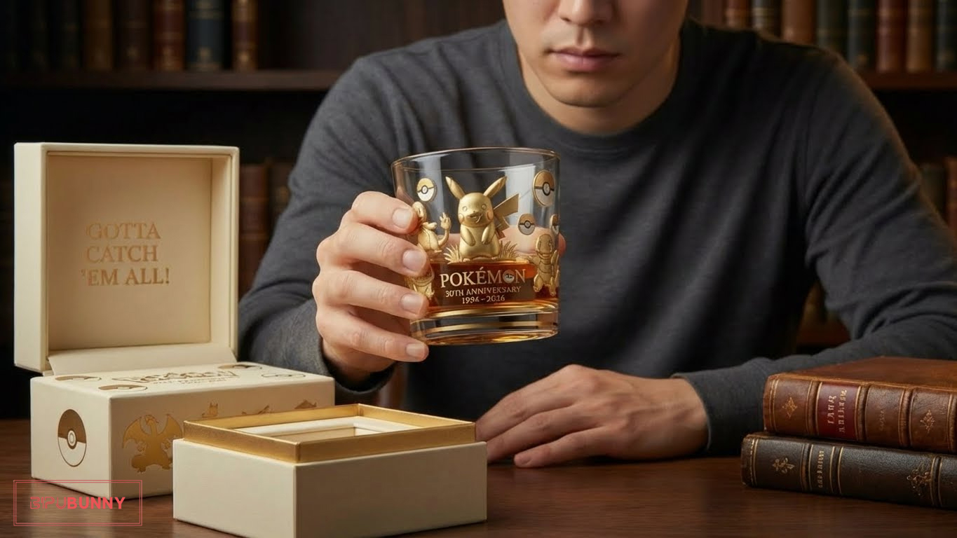 Pokemon 30th Anniversary Commemorative Whiskey Glass sitting in a premium gift box with gold themed packaging