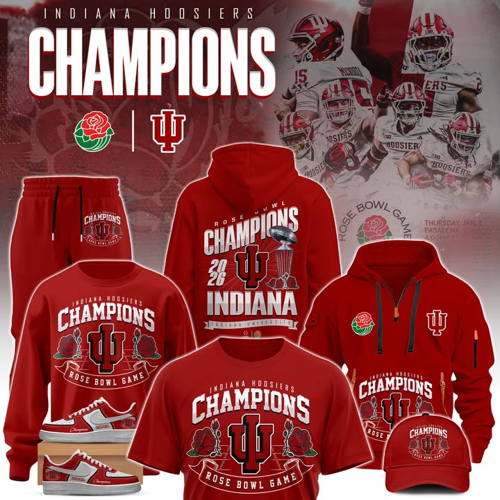 Indiana Hoosiers Champions Rose Bowl Game merchandise display with red hoodies shirts hats shoes team logos football players and celebratory championship graphics!
