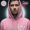 A person in a pink hoodie with Alan Walker's signature and logo.
