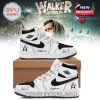 Custom black and white Alan Walker Air Jordan 1 sneakers with AW logo, signature, and Walker World tour backdrop.