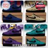 NFL team sneakers in blue beige purple teal navy and red with logos and short fan phrases on the sides.