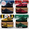 Team themed NFL sneakers with black soles bold colors and fan slogans for multiple football teams.