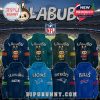 Eight LABUBU-themed NFL hoodies in front of a crowded stadium, each representing a different football team with vibrant team colors and mascots.