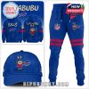 Full matching LABUBU Buffalo Bills sportswear set with hoodie, jogger pants, and baseball cap, all in blue with red accents and character graphics.