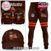 LABUBU character sportswear for Cleveland Browns, including full brown hoodie, pants, and cap, highlighted with team orange accents and cartoon mascot.