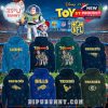 Multiple Toy Story 5 x NFL hoodies in different team colors, each showing Disney characters and official team logos, displayed in a stadium backdrop.