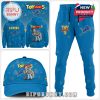 Detroit Lions themed blue hoodie, cap, and joggers with Toy Story 5 graphics and whimsical star patterns.
