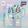 A matching set of Bluey-themed tumbler and box in soft pastel tones with whimsical 3D features and cartoon-style artwork, showcased against a rainbow-inspired backdrop!