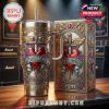 A Bon Jovi tumbler with ornate matching packaging, combining metal textures, roses, and iconic band graphics, displayed in a rock-themed environment!