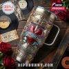 A Bon Jovi-themed collectible tumbler placed with nostalgic music items like vinyls and tickets, enhancing its emotional and vintage appeal for fans!
