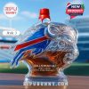 Close-up of the Buffalo Bills whiskey bottle with a red cap labeled Style 3, showcasing the detailed mascot head design.