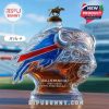 Close-up of the Buffalo Bills whiskey bottle with a horse-shaped cap labeled Style 4, featuring a vibrant team logo and mascot head.