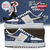 Side-by-side view of Conan Gray Wishbone sneakers in navy and white, showing signature details, swoosh, and custom fan name print, placed on a box!