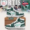Stylized sneakers with custom features shown in front of a music group and poster, emphasizing the CORTIS brand's connection to streetwear and pop culture!