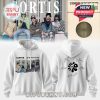 A white CORTIS pullover hoodie with a front group photo and a back design showing printed autographs and a black graphic symbol!